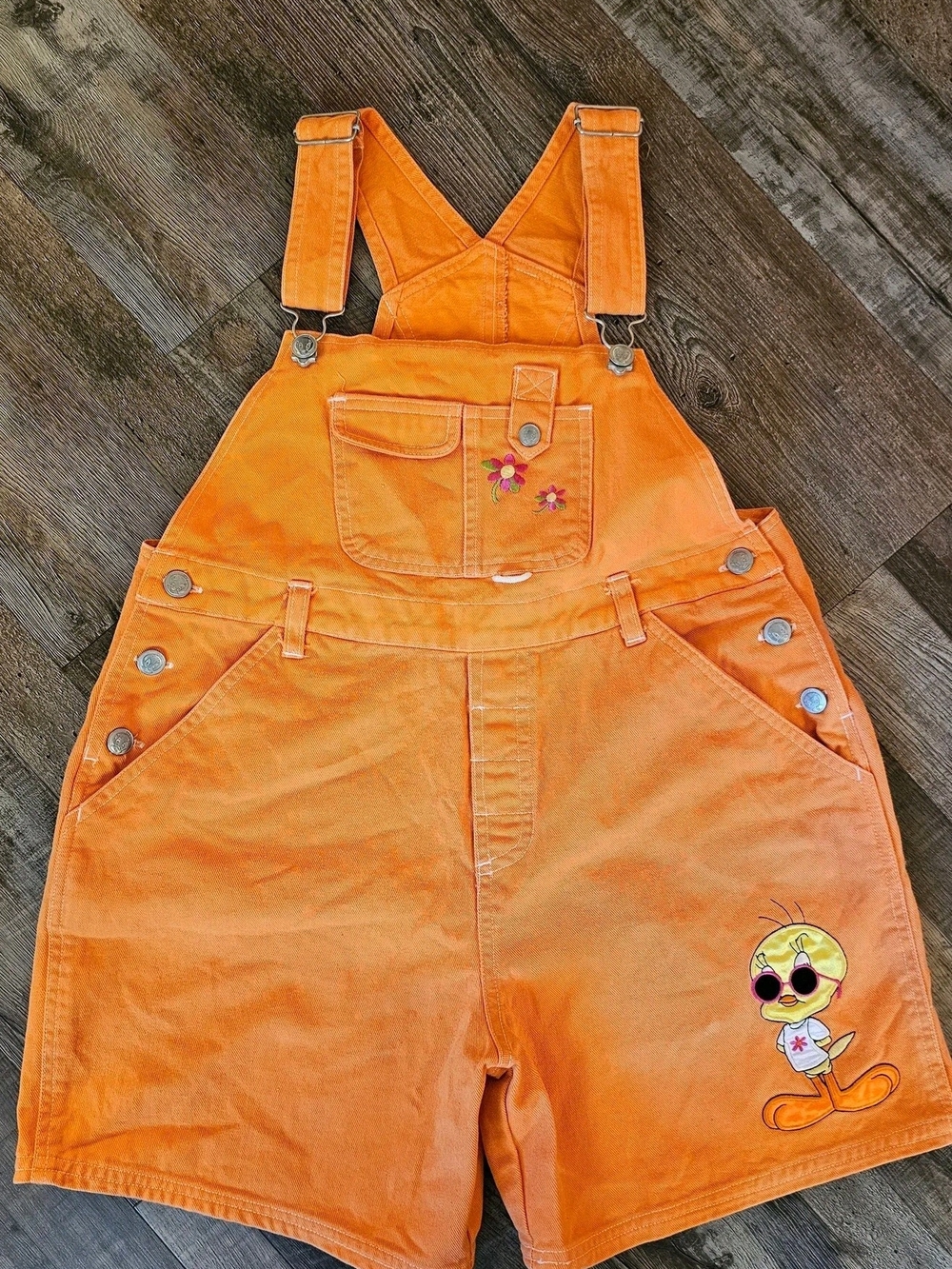 Vintage Warner Bros. Orange Kids Short Overalls with Tweety Embroidery